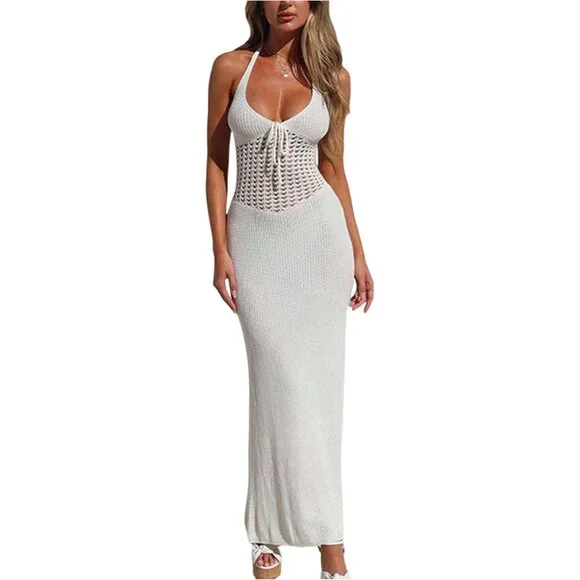 Women's Knit Maxi Dress Hollow Out Backless Halter Beach Dress Small - Picture 1 of 5
